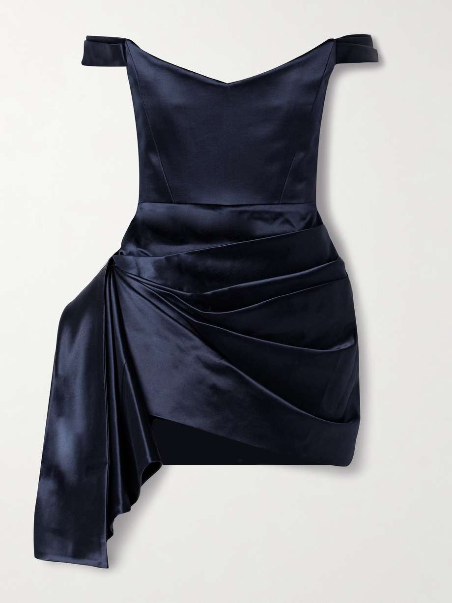 off-the-shoulder draped cotton and silk-blend duchesse-satin mini dress