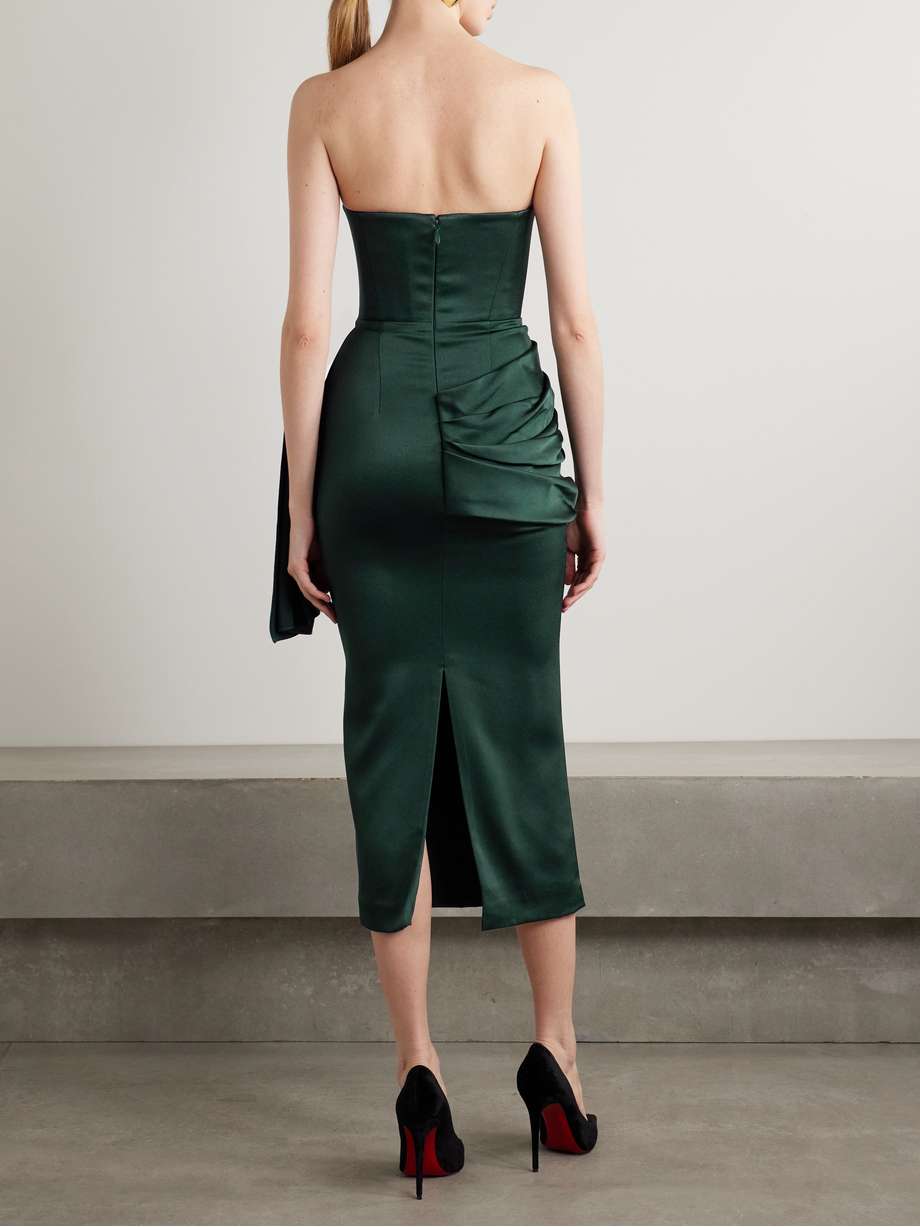 strapless draped satin-crepe midi dress