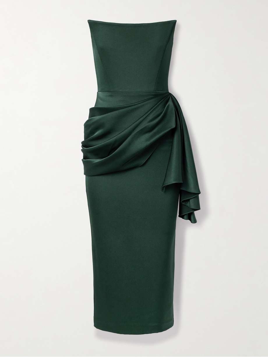 strapless draped satin-crepe midi dress