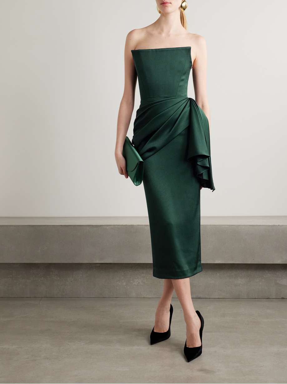 strapless draped satin-crepe midi dress