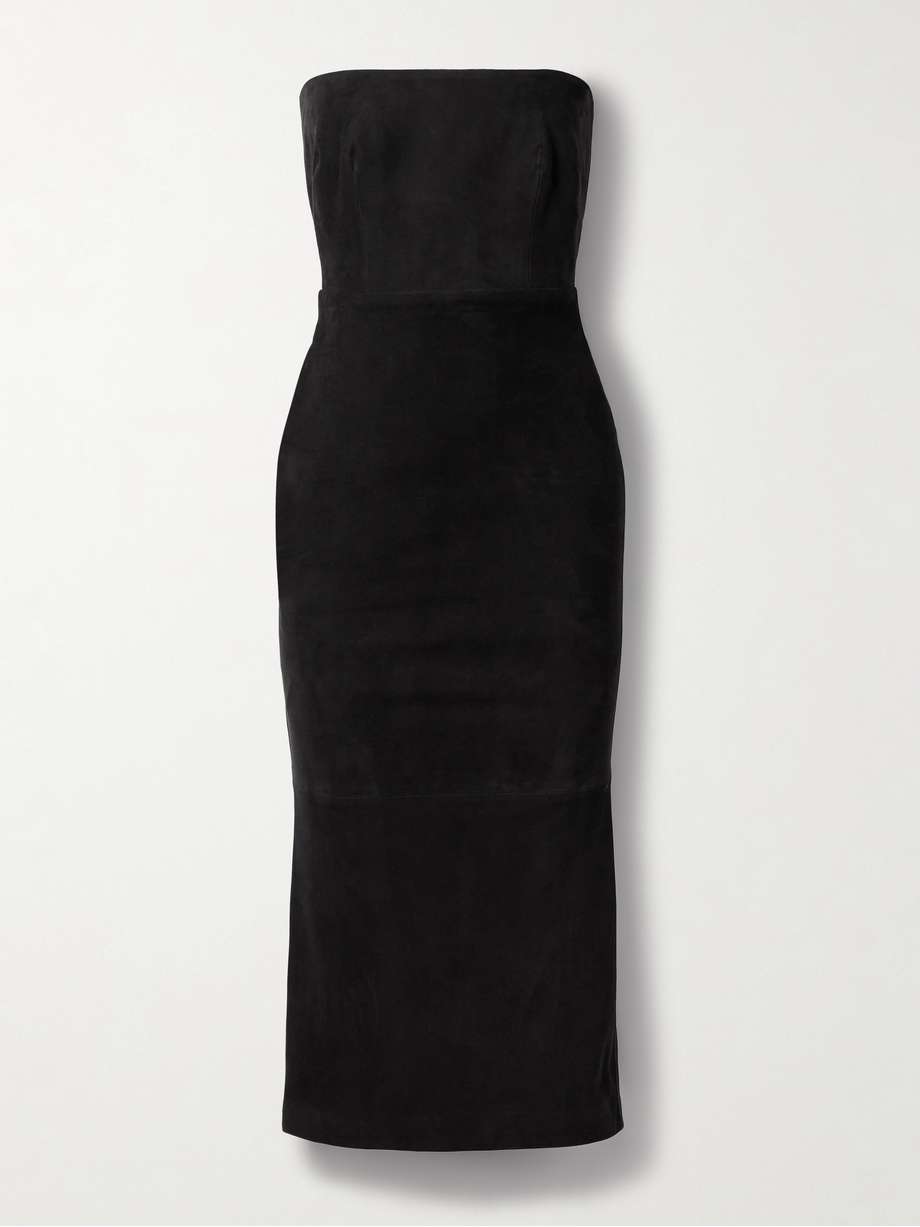 strapless suede midi dress