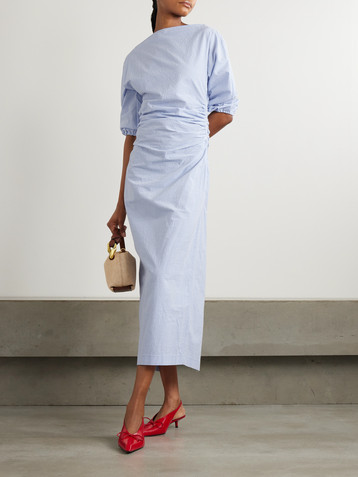 Bernadette Ezra ruched striped cotton-seersucker midi dress