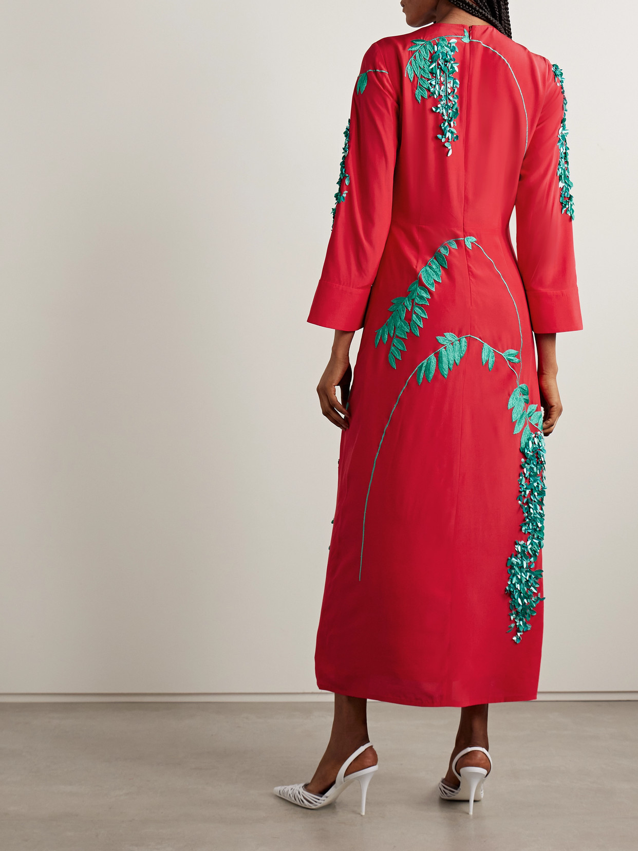 Shop Bernadette Harry Embellished Embroidered Silk Crepe De Chine Midi Dress