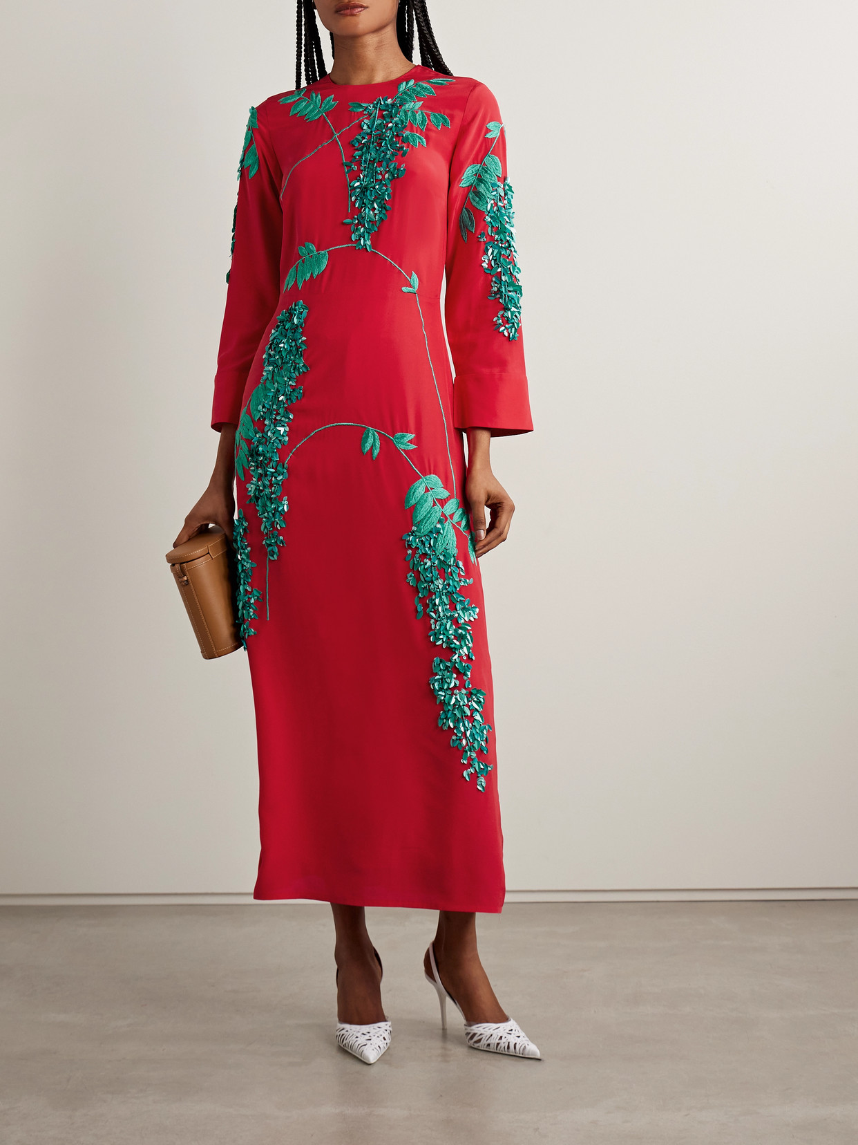 Shop Bernadette Harry Embellished Embroidered Silk Crepe De Chine Midi Dress