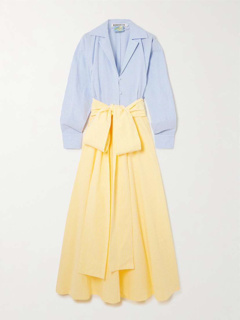 BERNADETTE Clarence Belted Striped Cotton-seersucker Maxi Shirt Dress