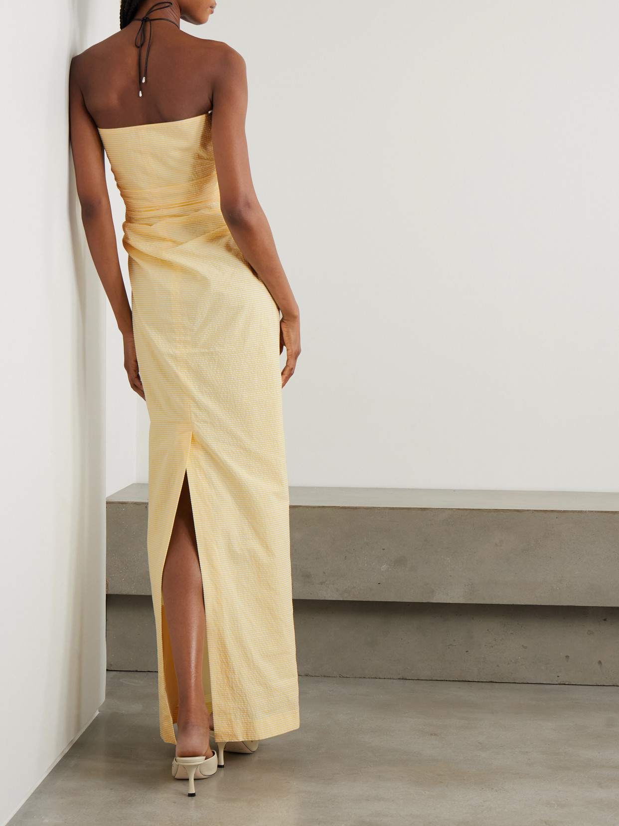 Bernadette Vera Strapless Ruched Striped Cotton-seersucker Maxi Dress In Nude