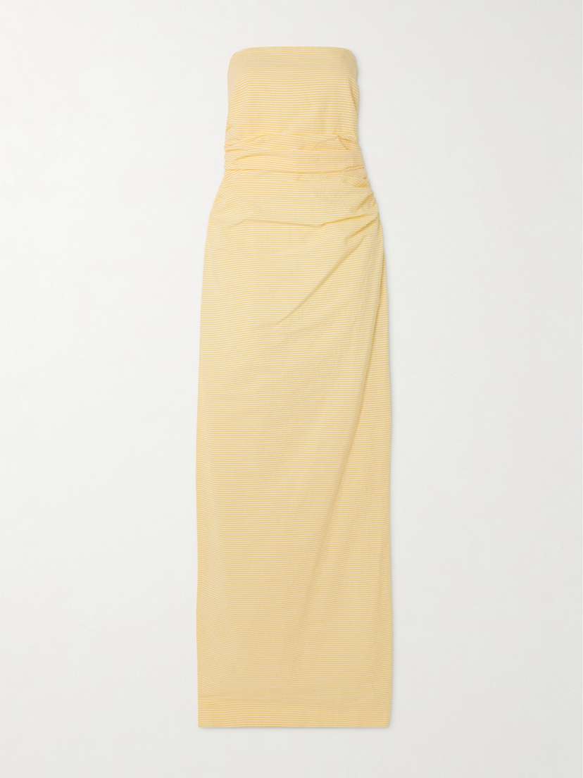 BERNADETTE Vera Strapless Ruched Striped Cotton-seersucker Maxi Dress
