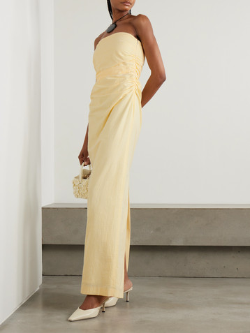 Bernadette Vera strapless ruched striped cotton-seersucker maxi dress