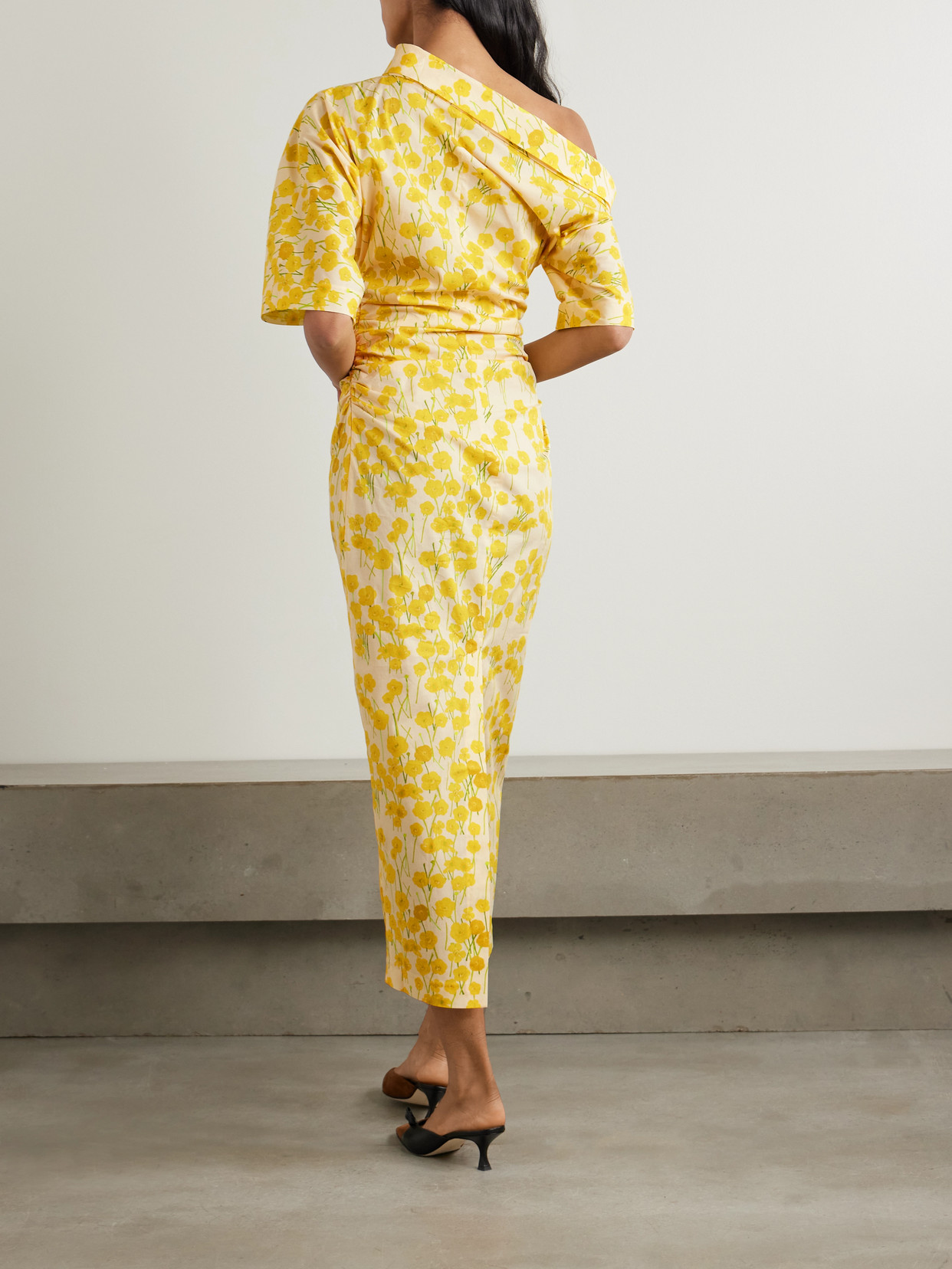 Bernadette Bowery One-shoulder Floral-print Stretch-cotton Midi Dress In Yellow