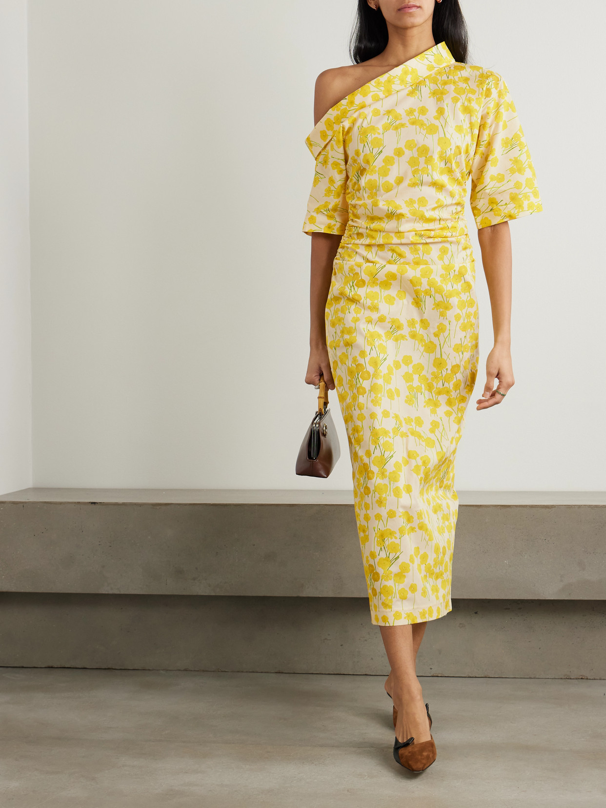 Bernadette Bowery One-shoulder Floral-print Stretch-cotton Midi Dress In Yellow