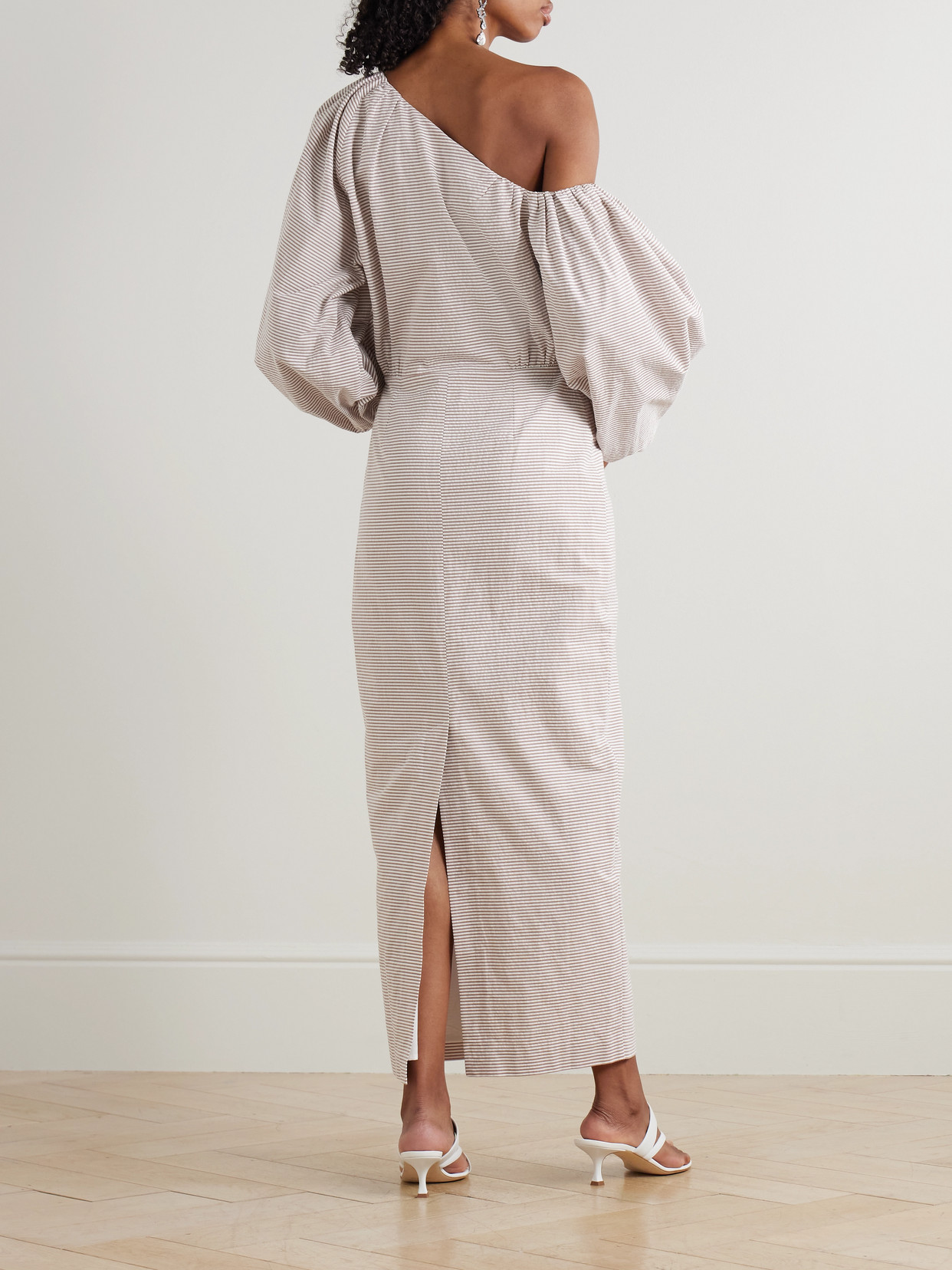 Bernadette Cara Off-the-shoulder Gathered Striped Cotton-seersucker Midi Dress