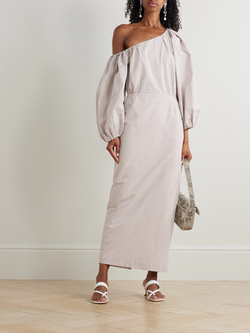 Bernadette Cara off-the-shoulder gathered striped cotton-seersucker midi dress