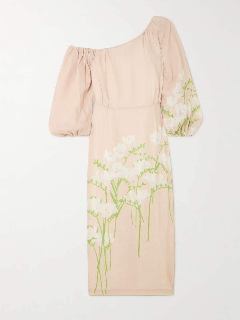 BERNADETTE Cara Off-the-shoulder Gathered Floral-print Linen Midi Dress