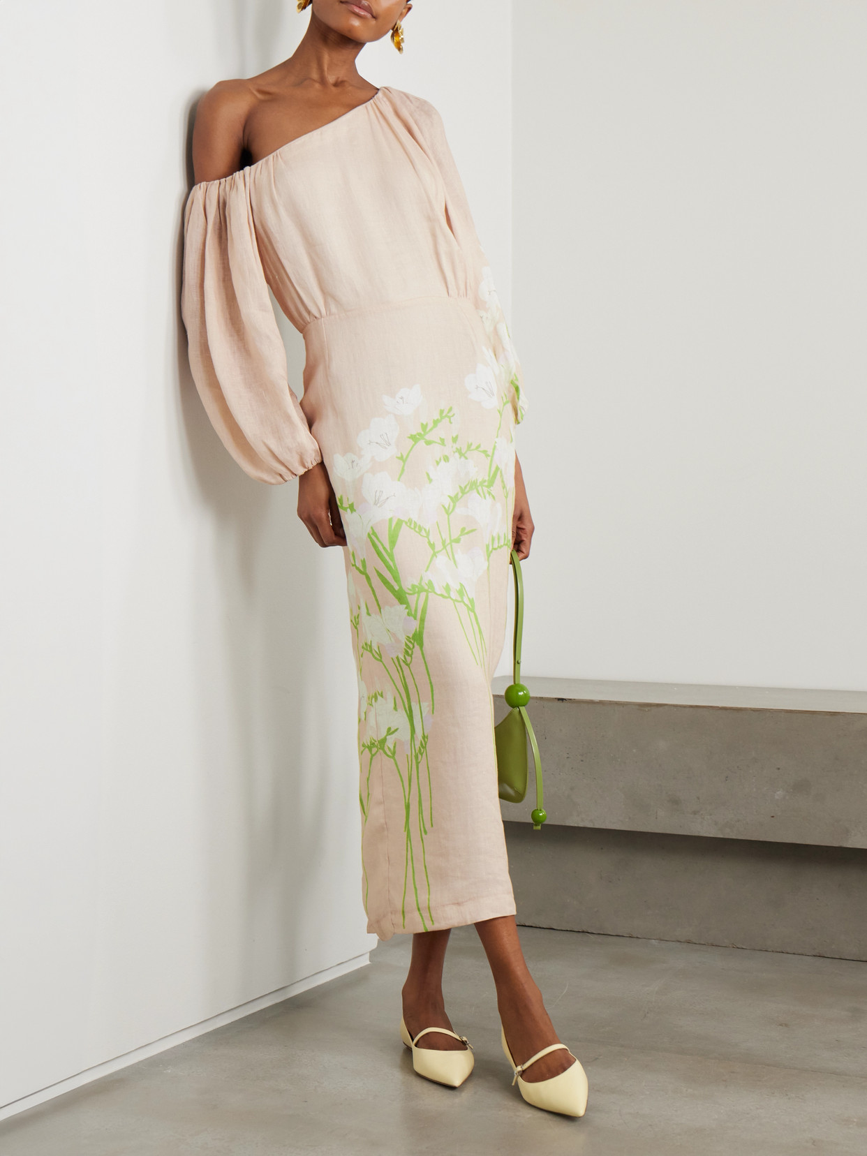 Bernadette Cara Off-the-shoulder Gathered Floral-print Linen Midi Dress In Neutral