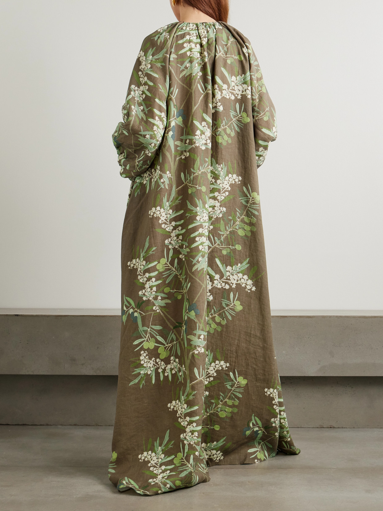 Bernadette Georgio Draped Floral-print Linen Maxi Dress In Brown