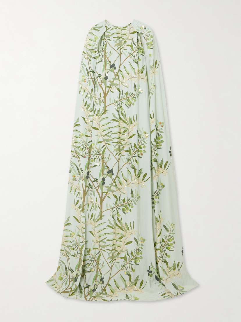 BERNADETTE Minnie Cape-effect Embellished Floral-print Crepe De Chine Gown