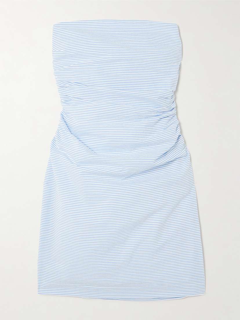 BERNADETTE Vera Strapless Ruched Striped Cotton-seersucker Mini Dress
