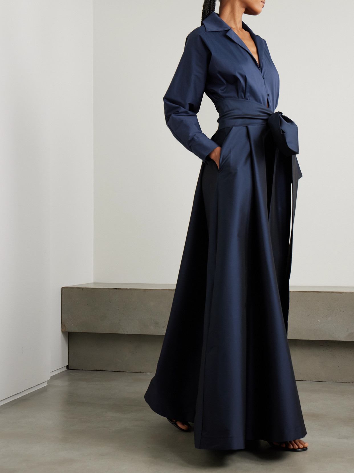 Bernadette Beatrice Belted Taffeta Maxi Shirt Dress In Blue