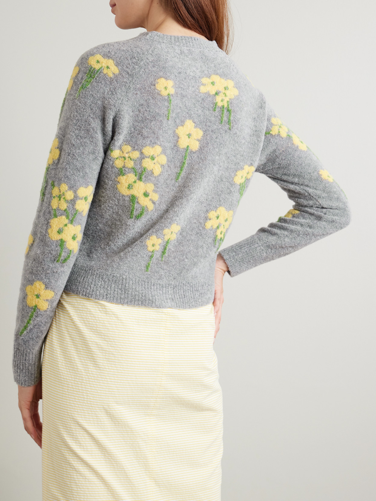 Bernadette Nonna Floral-intarsia Wool-blend Cardigan In Gray