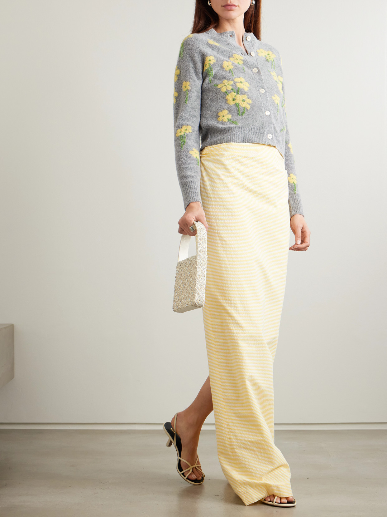 Bernadette Nonna Floral-intarsia Wool-blend Cardigan In Gray