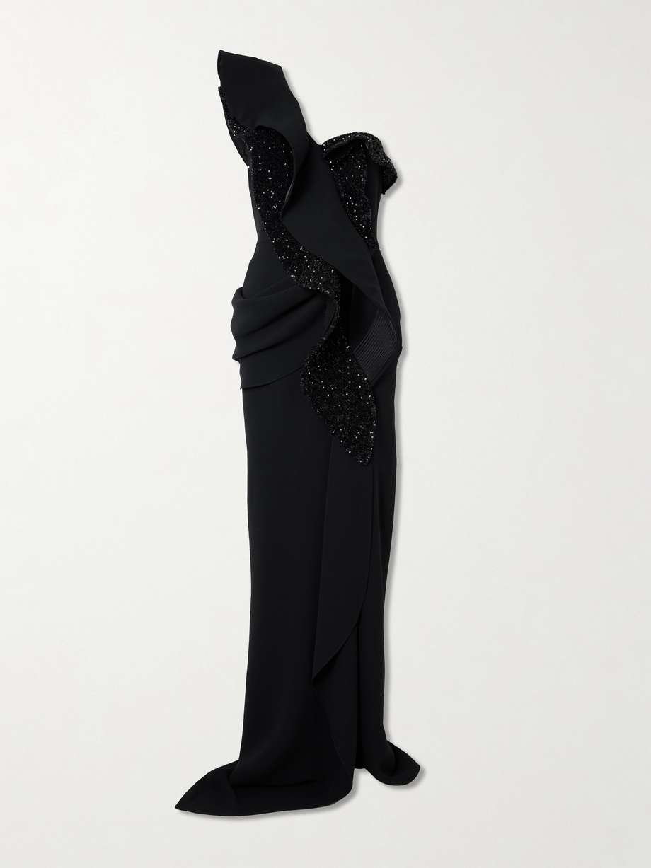 pantheon wave ruffled mesh-trimmed sequin-embellished crepe gown