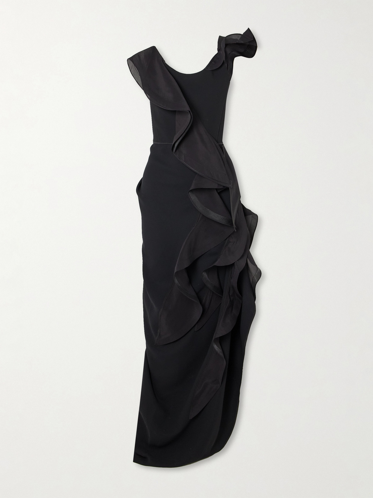 Maticevski Satellite Wave Asymmetric Ruffled Organza-trimmed Crepe Gown In Black