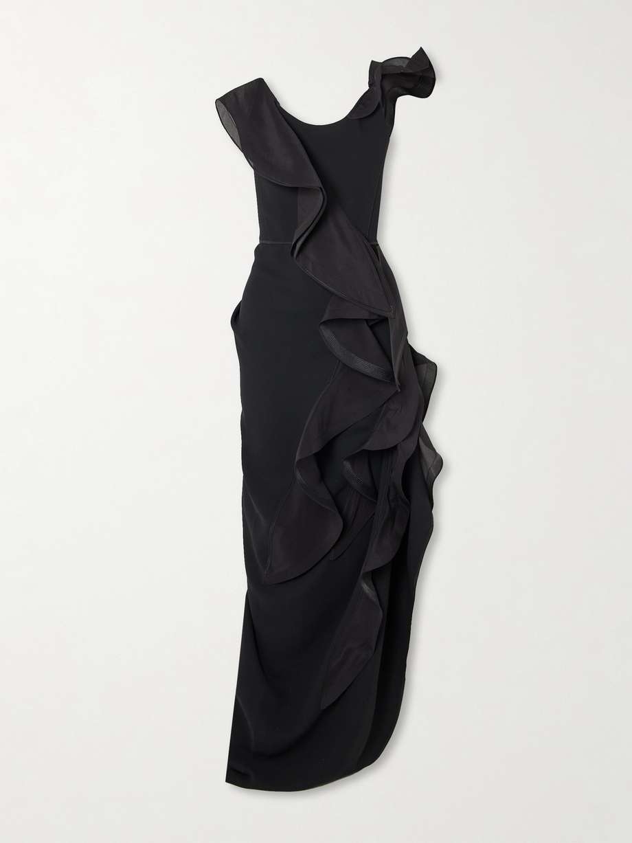 satellite wave asymmetric ruffled organza-trimmed crepe gown