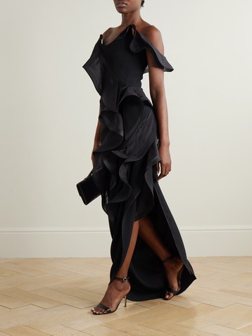 Maticevski Satellite Wave asymmetric ruffled organza-trimmed crepe gown