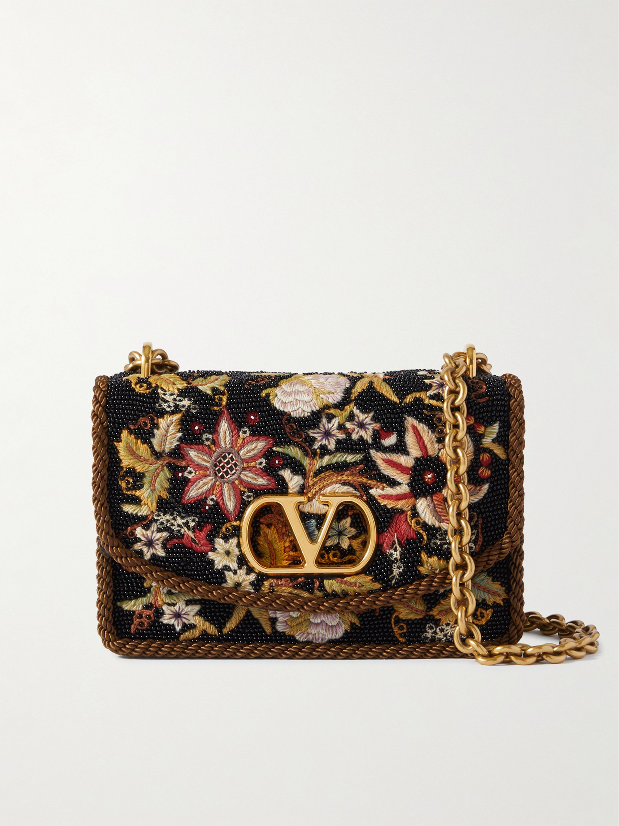 Valentino Garavani Vain Small Braided Beaded Embroidered Satin Shoulder Bag In Black