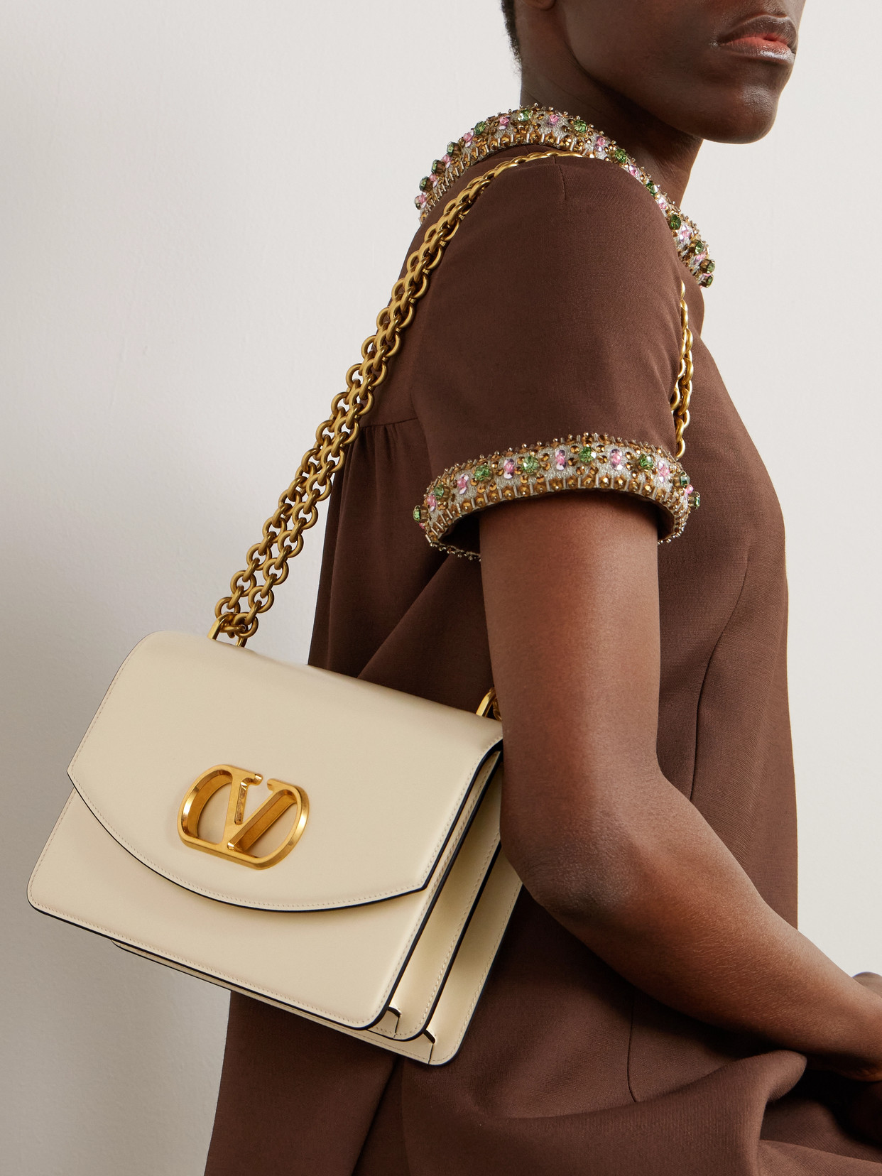 Valentino Leather Shoulder Bag Chain Strap In White