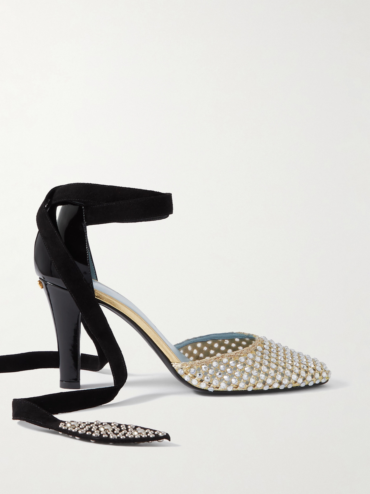 Valentino Garavani 85 Suede-trimmed Embellished Metallic Mesh And Patent-leather Pumps In Neutrals
