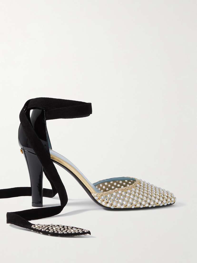 Valentino Garavani 85 Suede-trimmed Embellished Metallic Mesh And Patent-leather Pumps