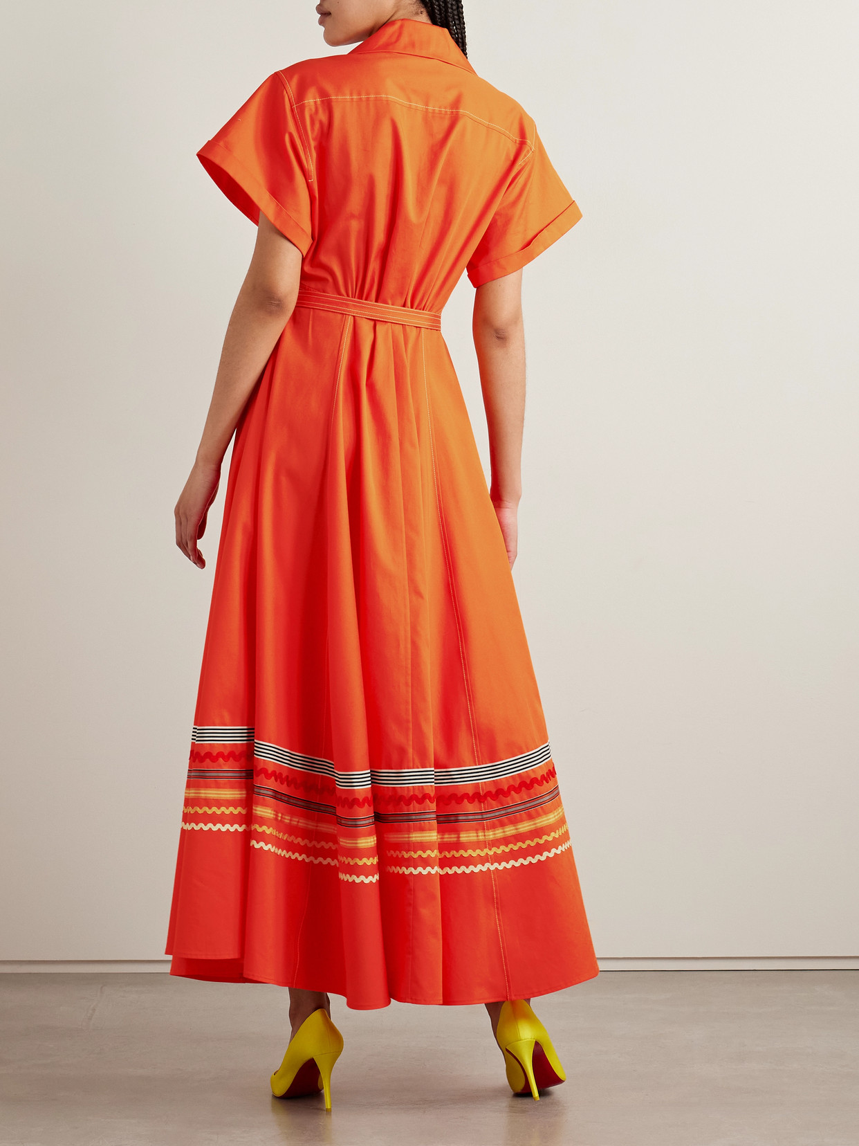 Christopher John Rogers Belted Ric Rac And Grosgrain-trimmed Cotton-twill Maxi Shirt Dress In Orange