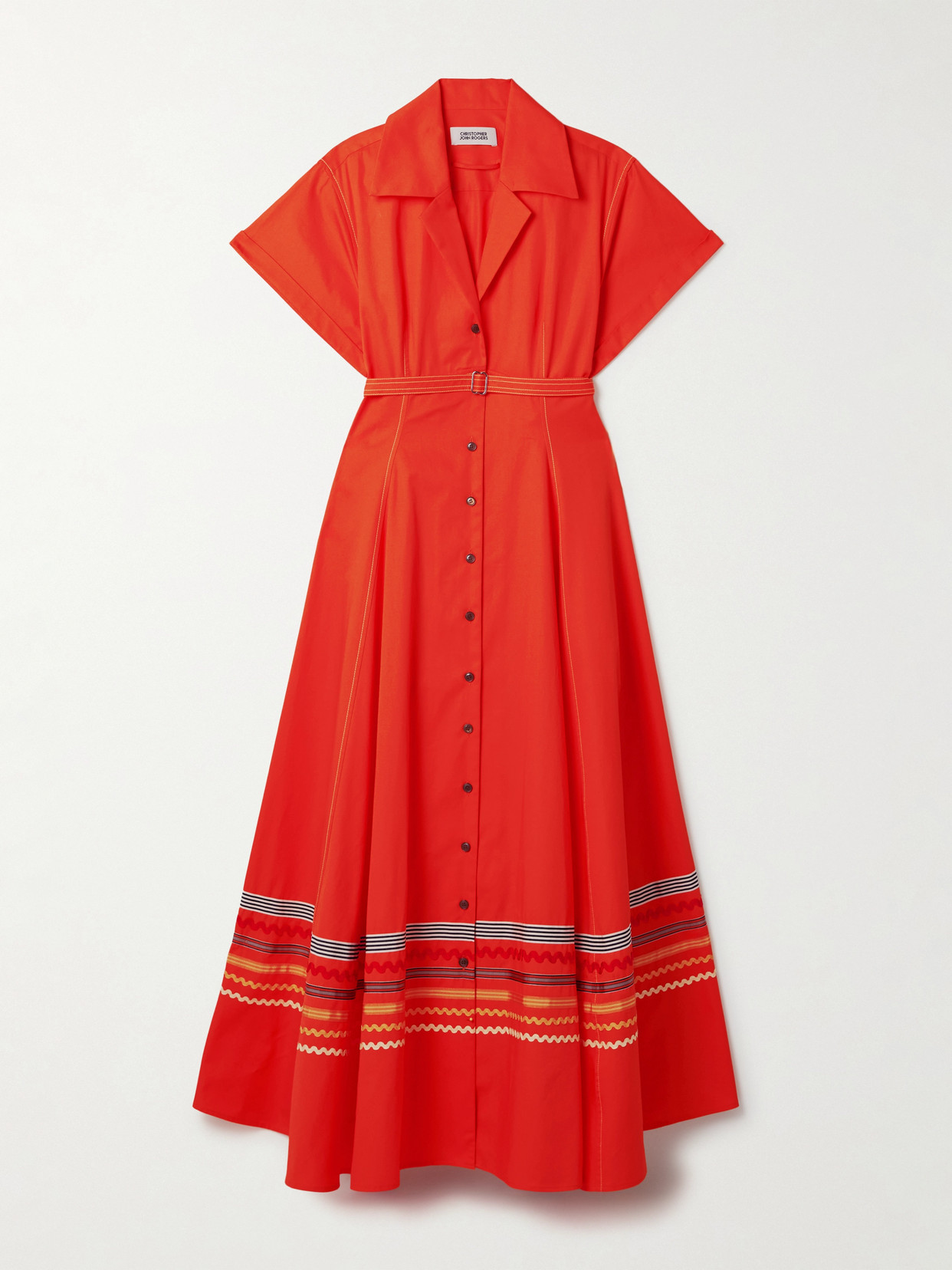 Christopher John Rogers Belted Ric Rac And Grosgrain-trimmed Cotton-twill Maxi Shirt Dress In Orange