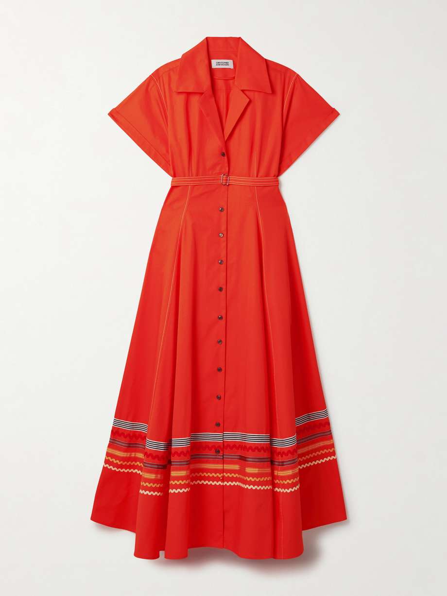 belted ric rac and grosgrain-trimmed cotton-twill maxi shirt dress