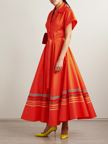 Christopher John Rogers Belted ric rac and grosgrain-trimmed cotton-twill maxi shirt dress