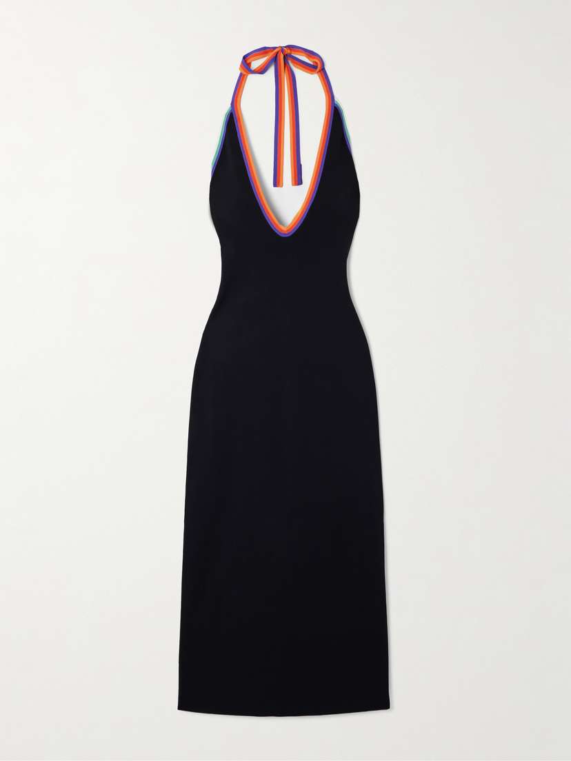 Christopher John Rogers Cutout Striped Stretch-knit Halterneck Midi Dress