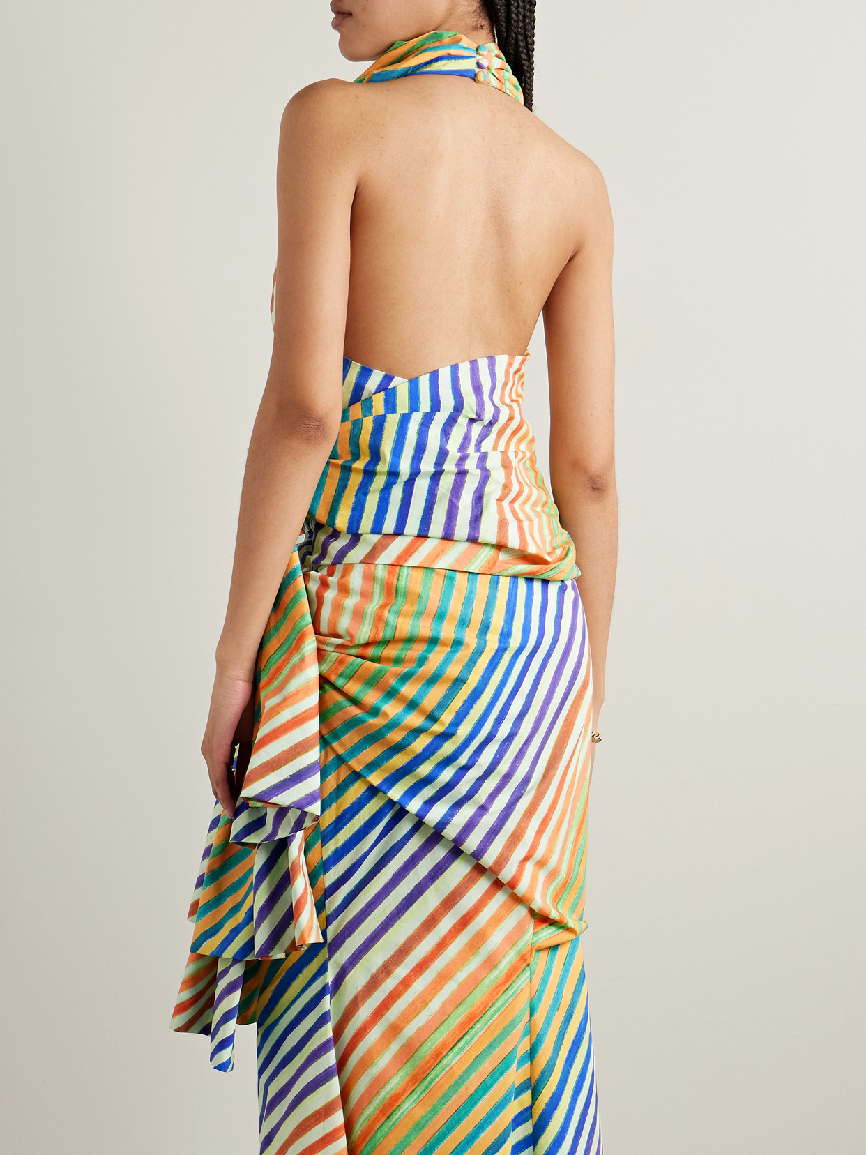 Christopher John Rogers Crayon Knotted Striped Cotton-poplin Halterneck Top In Blue