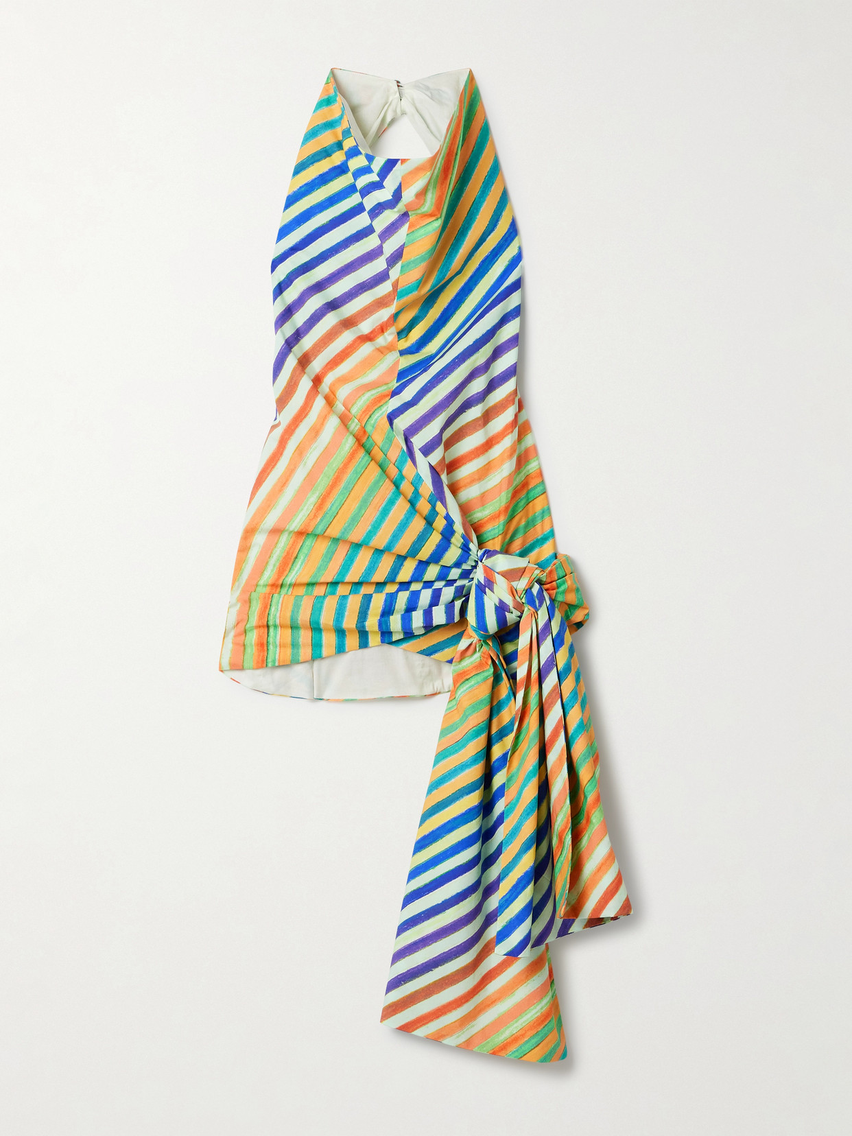 Christopher John Rogers Crayon Knotted Striped Cotton-poplin Halterneck Top In Blue