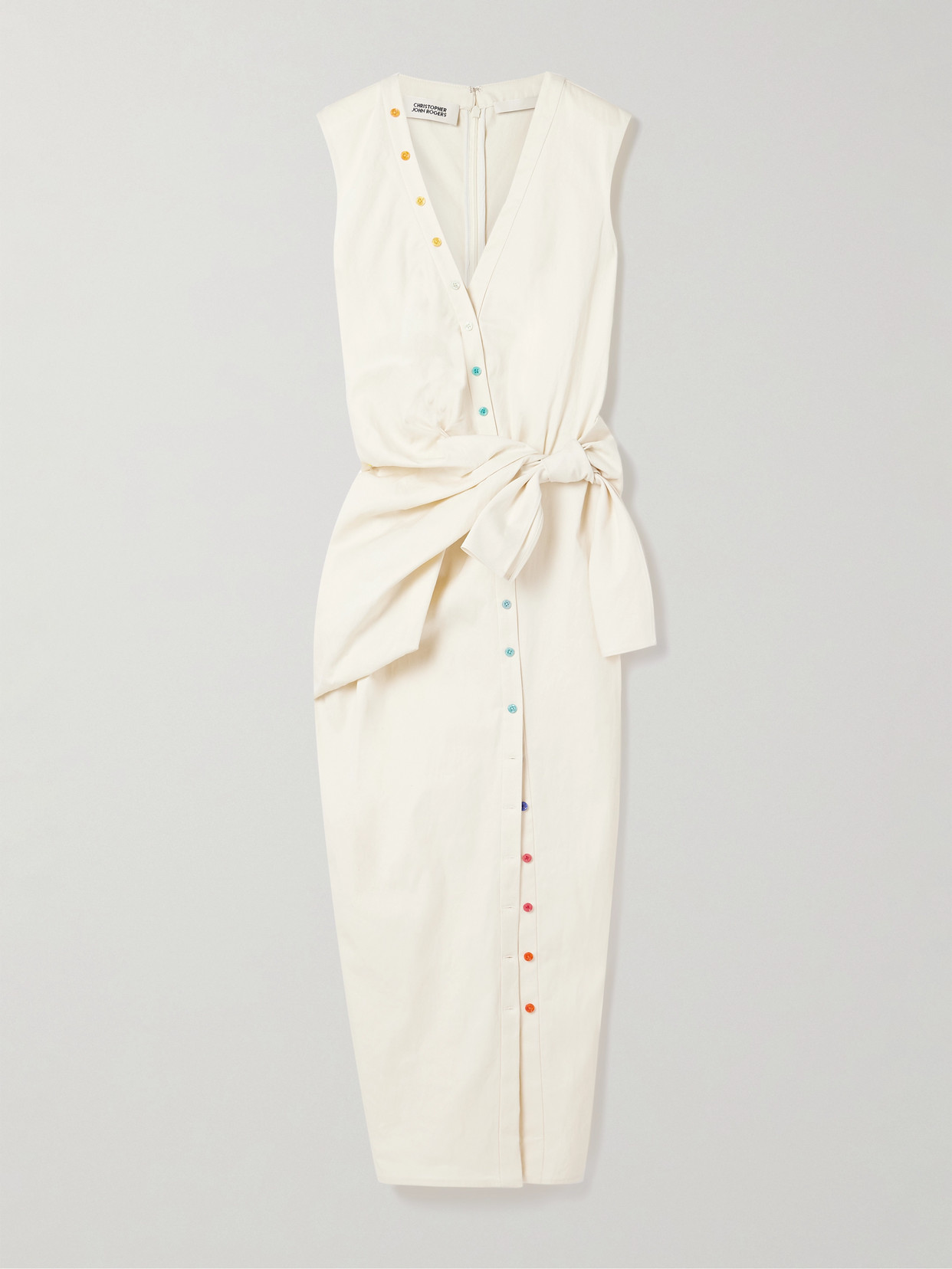 Christopher John Rogers Tie-front Button-embellished Washed Cotton-twill Midi Shirt Dress
