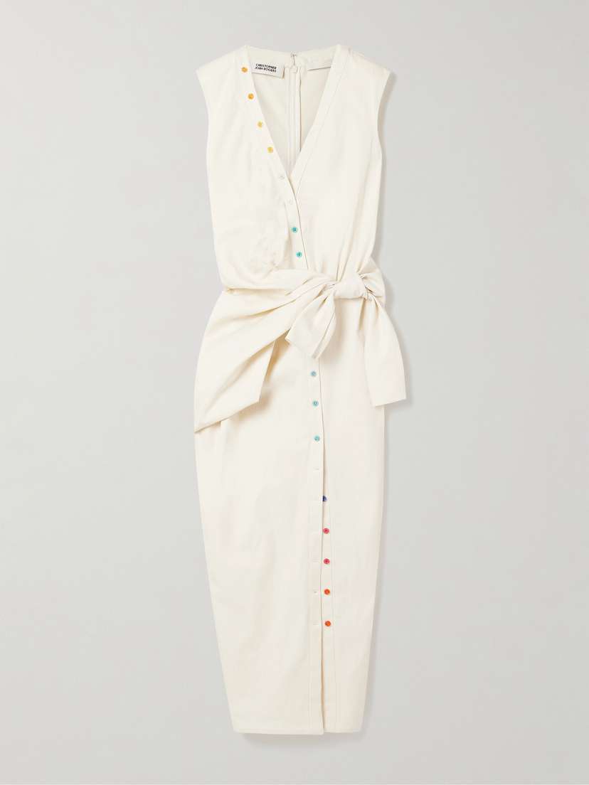 Christopher John Rogers Tie-front Button-embellished Washed Cotton-twill Midi Shirt Dress