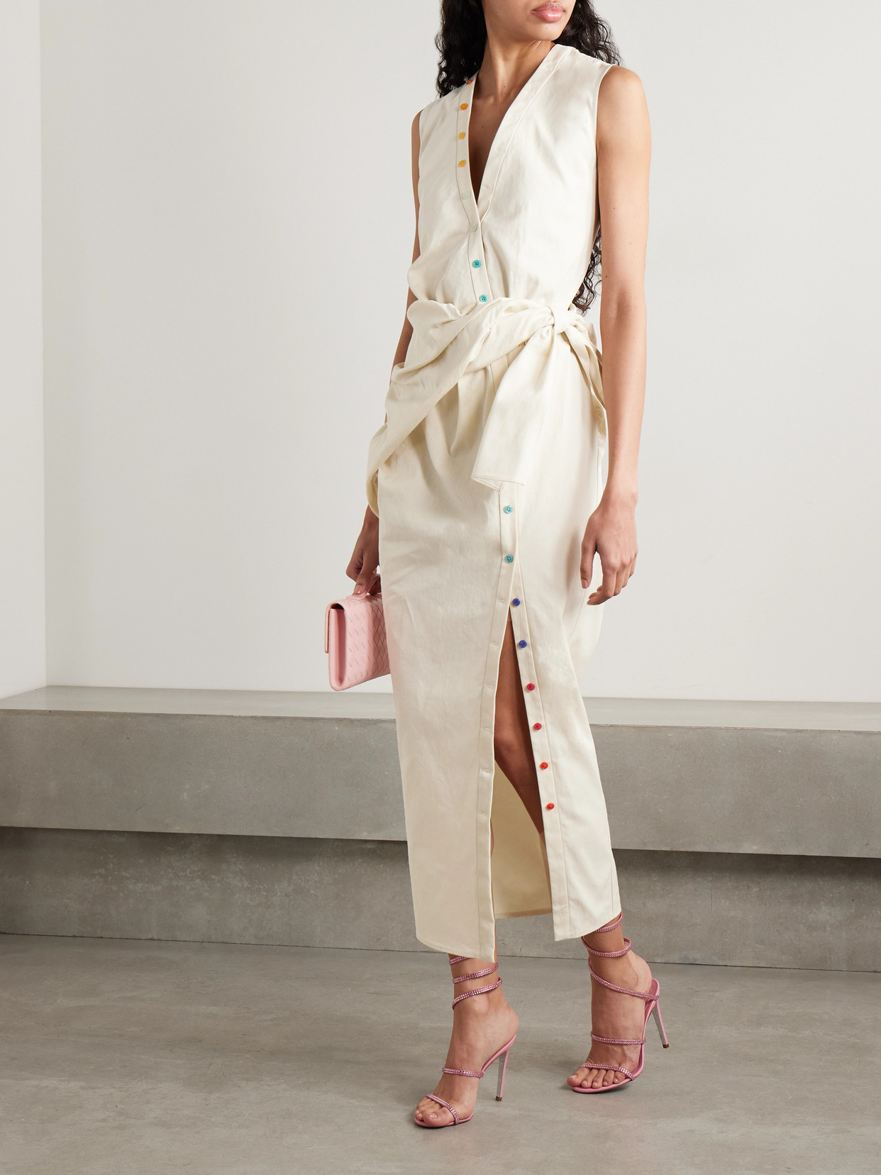 Christopher John Rogers Tie-front Button-embellished Washed Cotton-twill Midi Shirt Dress In White