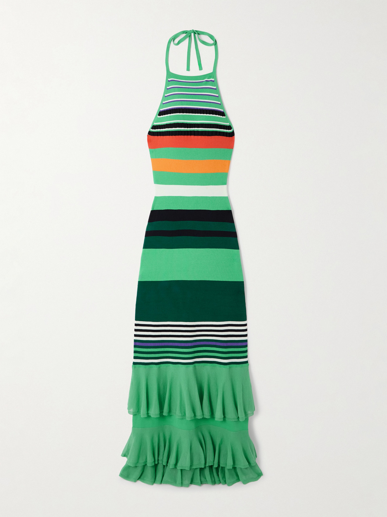 Christopher John Rogers Ruffled Striped Stretch-knit Halterneck Maxi Dress