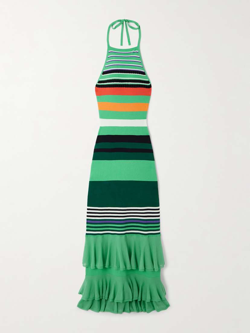 Christopher John Rogers Ruffled Striped Stretch-knit Halterneck Maxi Dress