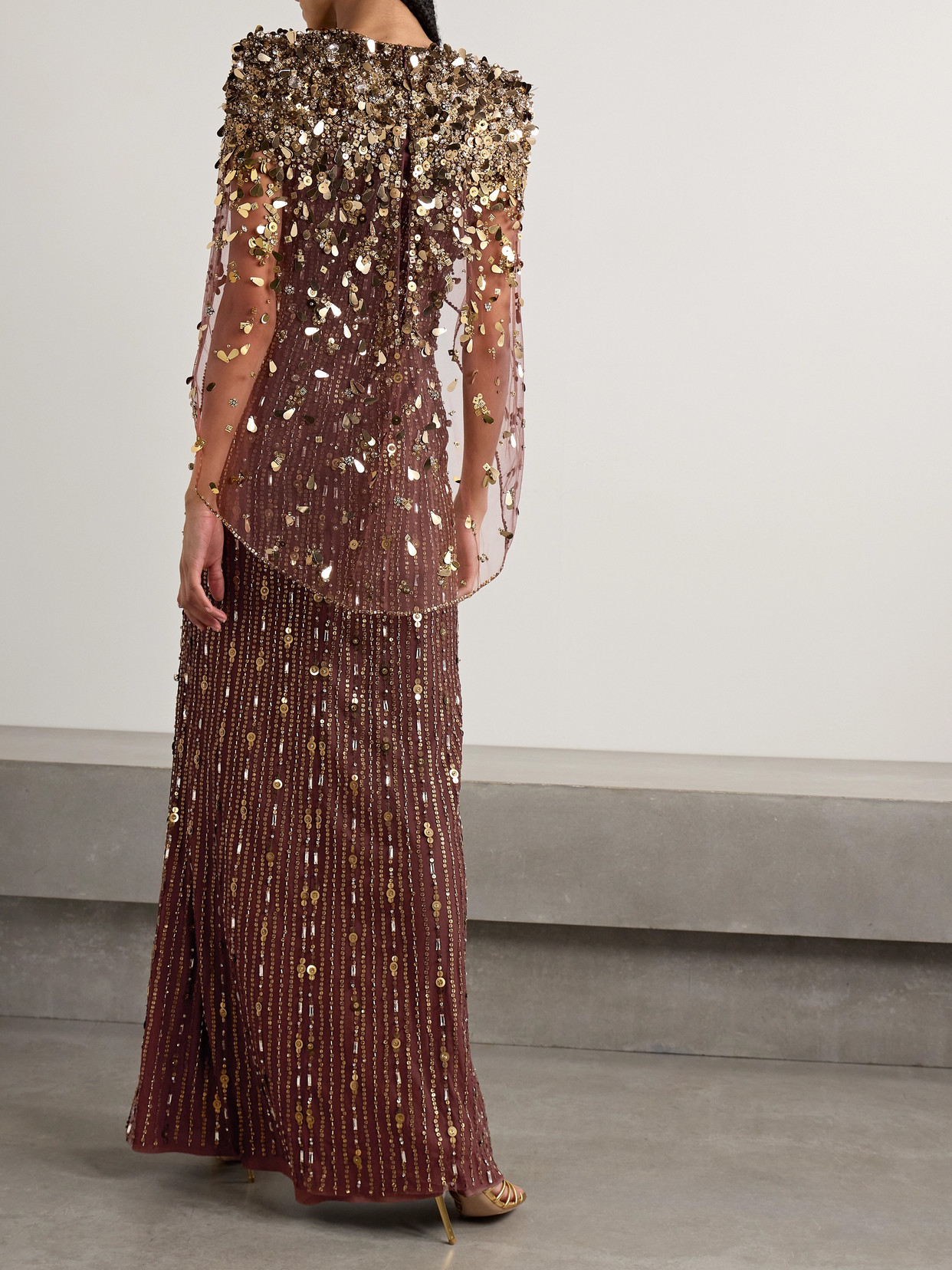 JENNY PACKHAM NETTIE CAPE-EFFECT EMBELLISHED SEQUINED TULLE GOWN