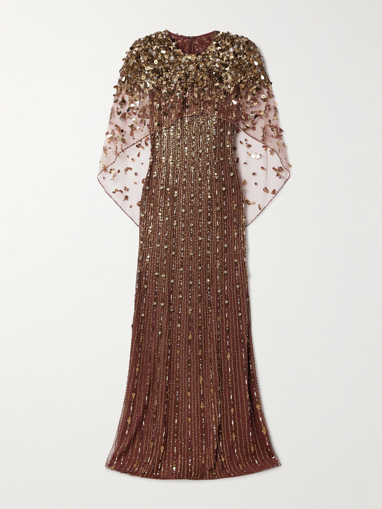 Jenny Packham Nettie Cape-effect Embellished Sequined Tulle Gown In Metallic