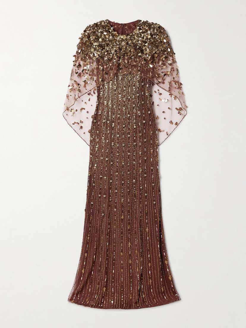 Jenny Packham Nettie Cape-effect Embellished Sequined Tulle Gown