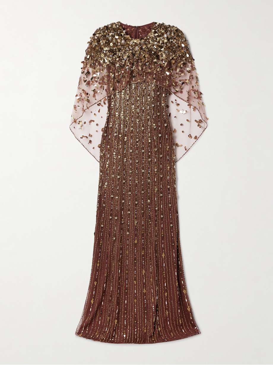 nettie cape-effect embellished sequined tulle gown
