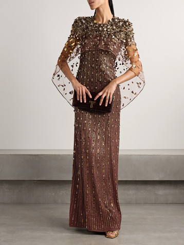 Jenny Packham Nettie cape-effect embellished sequined tulle gown