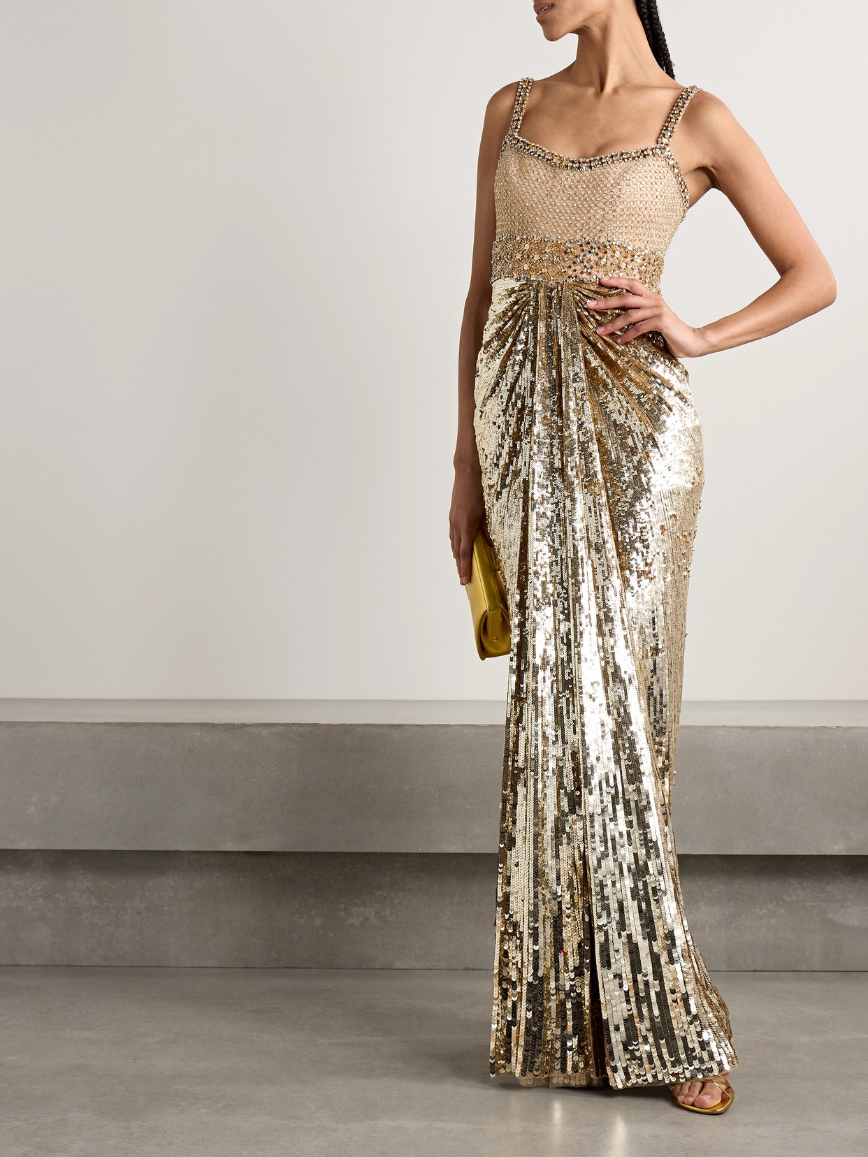 Shop Jenny Packham Only You Draped Embellished Tulle Gown In Gold